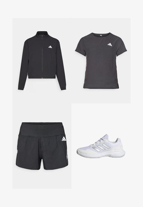 adidas Performance TRAIN ESSENTIALS 3 STRIPES WARM UP - Sportovní bunda - black/white; Kraťasový sportovní tričko, tmavě šedé barvy s perforovanou texturou. Obsahuje bílé logo a kontrastní boční pruhy. Kulatý výstřih.; Černé sportovní šortky s širokým elastickým pasem, lehkou tkaninou a bílými logy na dolní straně.; Bílé sportovní tenisky s vrchní částí ze síťoviny, texturovanými panely a stříbrnými akcenty. Disponují polstrovanou podrážkou a kulatou špičkou.
