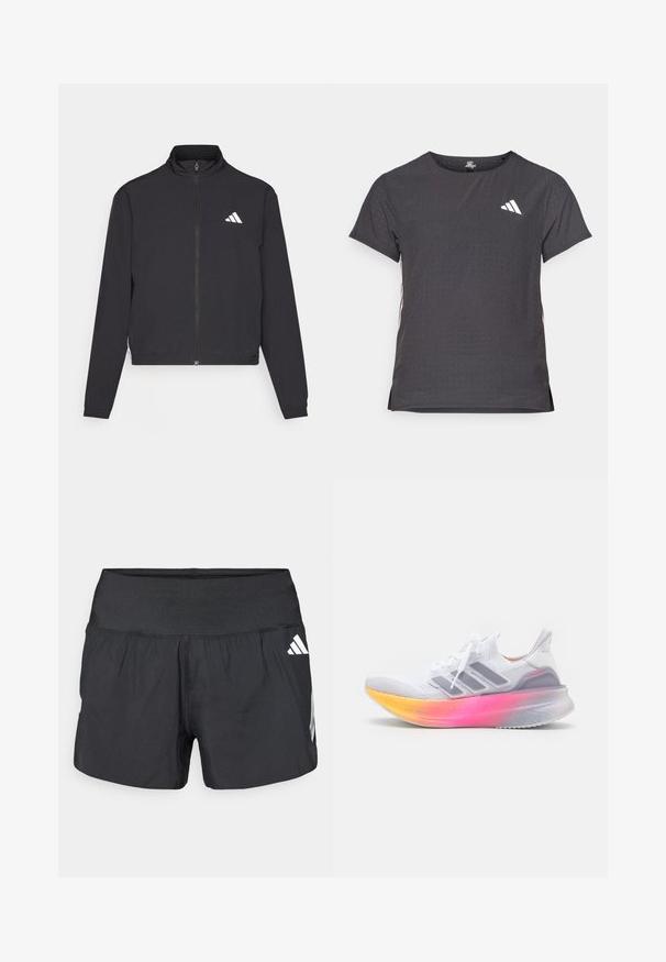 adidas Performance TRAIN ESSENTIALS 3 STRIPES WARM UP - Sportovní bunda - black/white; Kraťasový sportovní tričko, tmavě šedé barvy s perforovanou texturou. Obsahuje bílé logo a kontrastní boční pruhy. Kulatý výstřih.; Černé sportovní šortky s širokým elastickým pasem, lehkou tkaninou a bílými logy na dolní straně.; Bílá sportovní obuv s prodyšným pleteným svrškem, třemi šedými pruhy a gradientní podrážkou v odstínech růžové až žluté. Má polstrovanou podrážku.