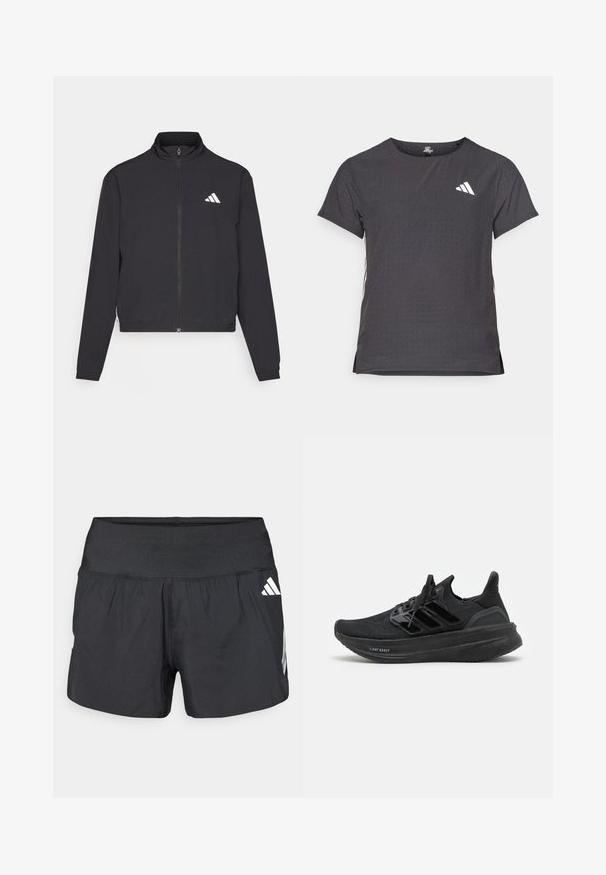 adidas Performance ESSENTIALS 3 STRIPES czarny; Koszulka sportowa z krótkim rękawem, ciemnoszara z perforowaną teksturą. Posiada białe logo oraz kontrastowe paski po bokach. Okrągły dekolt.; Czarne spodenki sportowe z szerokim elastycznym pasem, lekkim materiałem i białymi akcentami logo na dolnej stronie.; Czarne buty sportowe z przewiewną jedwabiście górną częścią, teksturowanym wzorem, charakterystycznymi trzema paskami oraz grubą, amortyzującą podeszwą oznaczoną "LIGHT BOOST".