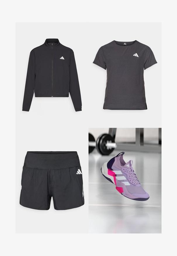adidas Performance TRAIN ESSENTIALS 3 STRIPES WARM UP - Veste de survêtement - black/white; T-shirt de sport à manches courtes, gris foncé avec une texture perforée. Présente un logo blanc et des rayures latérales contrastantes. Encolure arrondie.; Shorts athlétiques noirs avec une large ceinture élastique, un tissu léger et des accents de logo blanc sur le bas côté.; Chaussure de sport violette avec empeigne en mesh, rayures blanches, accents rose et noir, col rembourré et semelle texturée, conçue pour la performance.