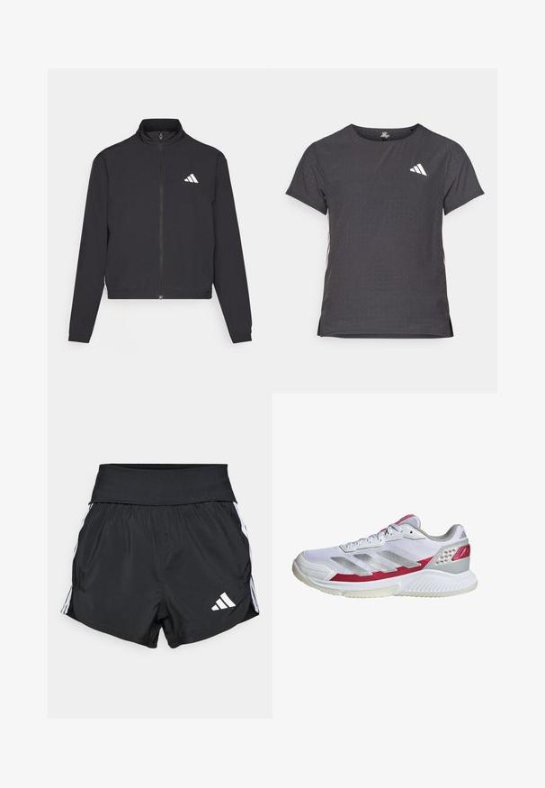 adidas Performance TRAIN ESSENTIALS 3 STRIPES WARM UP - Treningsjakke - black/white; Kortermet treningstrøye, mørkegrå med perforert tekstur. Har en hvit logo og kontrasterende side-striper. Rund halslinje.; Sorte treningsshorts laget av lett materiale, med bred midjebånd, hvite sidestreker og en liten hvit logo på den nederste kanten.; Hvit atletisk sko med mesh-overdel, sølvstriper, rosa detaljer og en teksturert såle. Har polstret krage og perforerte detaljer.