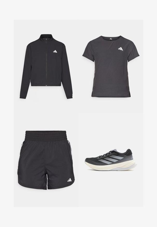 adidas Performance TRAIN ESSENTIALS 3 STRIPES WARM UP - Giacca sportiva - black/white; T-shirt atletico a maniche corte, grigio scuro con texture perforata. Presenta un logo bianco e strisce laterali a contrasto. Girocollo.; Pantaloni sportivi neri con elastico in vita, tasche laterali e strisce bianche ai lati. Realizzati in materiale leggero.; adidas Performance SUPERNOVA SOLUTION - Scarpe da corsa su strada - core black/halo silver/dash grey