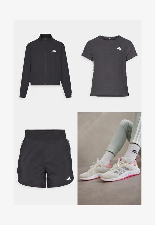 adidas Performance TRAIN ESSENTIALS 3 STRIPES WARM UP - Casaco de treino - black/white; T-shirt atlético de mangas curtas, cinza escuro com textura perfurada. Apresenta um logo branco e riscas laterais contrastantes. Decote arredondado.; Calções de desporto pretos com um cós elástico, bolsos laterais e detalhes em lista branca nas laterais. Feitos de material leve.; Sapatilhas brancas de desporto com detalhes em rosa claro e riscas prateadas nas laterais. Superior em tecido texturizado com sola de borracha apresentando um solado rosa.