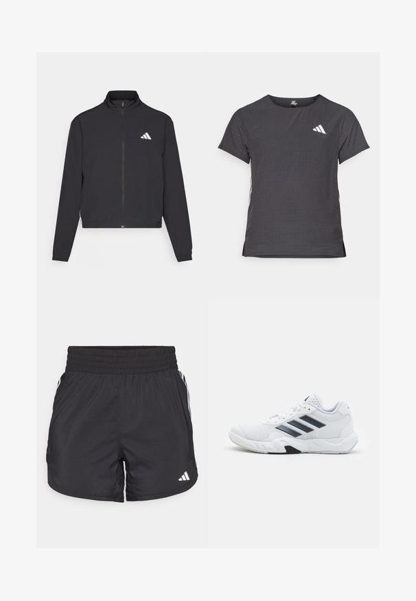 adidas Performance TRAIN ESSENTIALS 3 STRIPES WARM UP - Treningsjakke - black/white; Kortermet treningstrøye, mørkegrå med perforert tekstur. Har en hvit logo og kontrasterende side-striper. Rund halslinje.; Svarte treningsshorts med elastisk midje, sidelommer og hvite stripeaksenter på sidene. Laget av lett materiale.; Hvit sportsko med mesh-overdel, tre svarte striper på siden, teksturerte detaljer og en solid gummisåle med en kontrasterende svart seksjon.