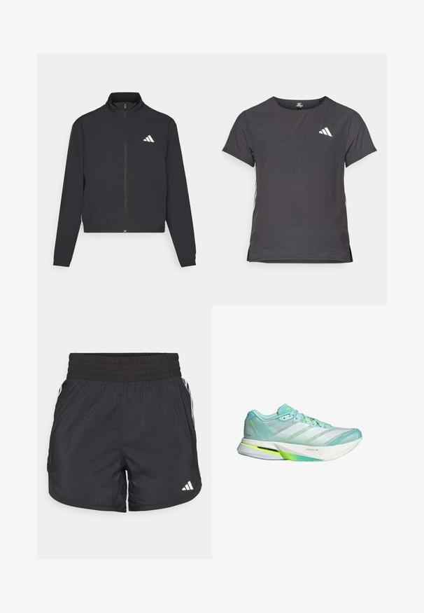 adidas Performance TRAIN ESSENTIALS 3 STRIPES WARM UP - Casaco de treino - black/white; T-shirt atlético de mangas curtas, cinza escuro com textura perfurada. Apresenta um logo branco e riscas laterais contrastantes. Decote arredondado.; Calções de desporto pretos com um cós elástico, bolsos laterais e detalhes em lista branca nas laterais. Feitos de material leve.; Sapatilha de corrida leve em verde menta e branco, com parte superior em malha e sola flexível. Apresenta três riscas e um contraforte texturizado no calcanhar.