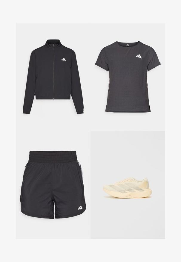 adidas Performance TRAIN ESSENTIALS 3 STRIPES WARM UP - Training jacket - black/white; Short-sleeve athletic t-shirt, dark gray with perforated texture. Features a white logo and contrasting side stripes. Rounded neckline.; Black athletic shorts with an elastic waistband, side pockets, and white stripe accents on the sides. Made of lightweight material.; Lightweight athletic shoe in pale yellow and cream, featuring a textured mesh upper, three diagonal stripes, and a thick outsole with "LIGHTSTRIKE PRO" detail.