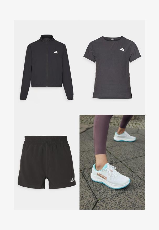 adidas Performance TRAIN ESSENTIALS 3 STRIPES WARM UP - Tréning dzseki - black/white; Rövid ujjú sport póló, sötétszürke perforált textúrával. Fehér logóval és kontrasztos oldalsávokkal rendelkezik. Kerek nyakkal.; Fekete sportnadrág, könnyű anyagból készült. Rugalmas derékrésszel, oldalsó cipzáros zsebbel és fényvisszaverő logóval rendelkezik az alján.; HOKA RINCON 4 - Utcai futócipők - frost/rose gold