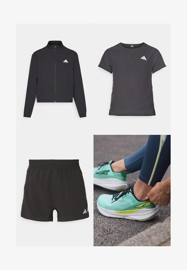 adidas Performance TRAIN ESSENTIALS 3 STRIPES WARM UP - Tréning dzseki - black/white; Rövid ujjú sport póló, sötétszürke perforált textúrával. Fehér logóval és kontrasztos oldalsávokkal rendelkezik. Kerek nyakkal.; Fekete sportnadrág, könnyű anyagból készült. Rugalmas derékrésszel, oldalsó cipzáros zsebbel és fényvisszaverő logóval rendelkezik az alján.; Altra EXPERIENCE FLOW - Utcai futócipők - mint