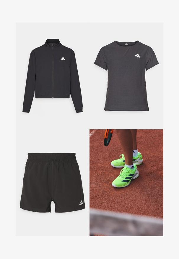 adidas Performance TRAIN ESSENTIALS 3 STRIPES WARM UP - Športna jakna/jopica - black/white; Kratka športna majica s kratkimi rokavi, temno siva z perforirano teksturo. Ima bel logotip in kontrastne stranske črte. Okrogel ovratnik.; Črne atletske kratke hlače iz lahkega materiala. Imajo elastičen pas, stranski žep na zadrgo in odsevni logotip na konici.; Tenis igralec nosi neonsko zelene čevlje Adidas in bele nogavice Adidas na rdečem glinenem igrišču, drži oranžno teniško lopar.