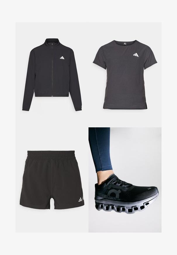 adidas Performance TRAIN ESSENTIALS 3 STRIPES WARM UP - Bluză de trening - black/white; Tricou athletic cu mânecă scurtă, gri închis, cu textură perforată. Prezentă un logo alb și dungi contrastante pe laterale. Guler rotunjit.; Șorturi atletice negre, confecționate dintr-un material ușor. Dispun de un talie elastică, buzunar lateral cu fermoar și un logo reflectorizant pe tiv.; Pantofii de alergare negri cu un superior texturat și o talpă intermediară distinctivă ce prezintă un design segmentat unic. Accentuati cu un logo pe lateral.