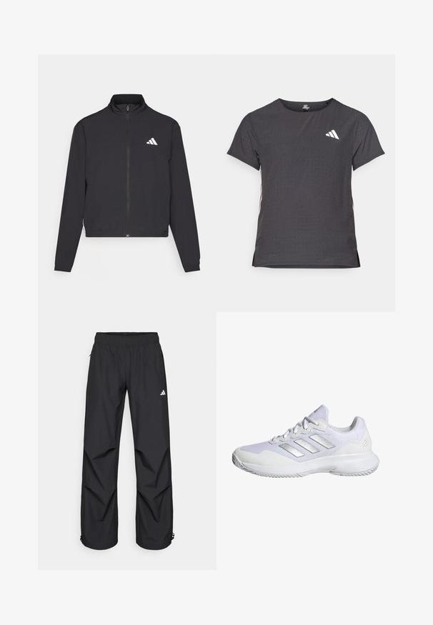 adidas Performance TRAIN ESSENTIALS 3 STRIPES WARM UP - Sportinė striukė - black/white; Trumpas rankovėmis sportinis marškinėlis, tamsiai pilkas, su perforuota tekstūra. Yra baltas logotipas ir kontrastingos šoninės juostos. Iškirptė suapvalinta.; Juodos, lengvos, vandeniui atsparios kelnės su elastine juosta, šoninėmis kišenėmis ir reguliuojamais kelių žandais. Kairiajame šlaunyje yra baltas logotipas.; Balti sportiniai bateliai su tinkliniu viršumi, tekstūruotomis detalėmis ir sidabriniais akcentais. Yra paminkštintas padas ir apvalus pirštas.