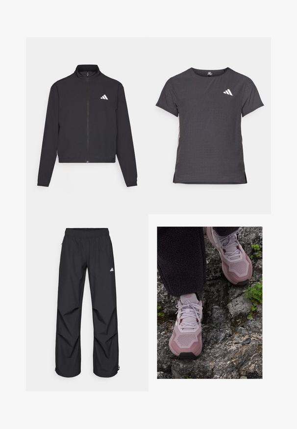 adidas Performance TRAIN ESSENTIALS 3 STRIPES WARM UP - Jakna za treniranje - black/white; Majica kratkih rukava za sport, tamno siva s perforiranim uzorkom. Ima bijeli logo i kontrastne bočne pruge. Zaobljeni izrez.; Crne, lagane, vodootporne hlače s elastičnom strukom, bočnim džepovima i podesivim manžetama. Sadrži bijeli logo na lijevom bedru.; Svijetloplave atletske cipele s teksturiranim mrežastim gornjim dijelom, ojačanom prednjom stranom i gumenom potplatom, smještene na stjenovitom terenu s zelenim naglascima.