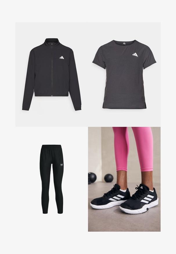 adidas Performance TRAIN ESSENTIALS 3 STRIPES WARM UP - Training jacket - black/white; Short-sleeve athletic t-shirt, dark gray with perforated texture. Features a white logo and contrasting side stripes. Rounded neckline.; Black athletic leggings with an elastic waistband, featuring a fitted shape and a small white logo on the left calf. Smooth texture.; Black athletic shoes with white stripes, textured mesh upper, and a white sole. Worn with pink leggings, showcasing training apparel.