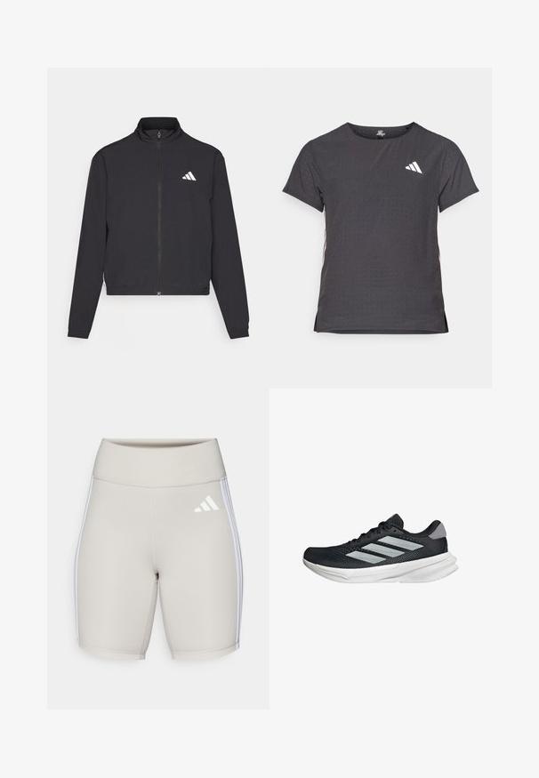 adidas Performance TRAIN ESSENTIALS 3 STRIPES WARM UP - Jakna za treniranje - black/white; Majica kratkih rukava za sport, tamno siva s perforiranim uzorkom. Ima bijeli logo i kontrastne bočne pruge. Zaobljeni izrez.; Bež sportske kratke hlače s visokim strukom, glatke teksture, s tri bijele pruge sa strane i malim bijelim logotipom sprijeda.; Crne trkačke tenisice s mrežastim gornjim dijelom, tri srebrne pruge, bijeli srednji sloj i teksturirani potplat. Sadrži podstavljeni ovratnik i zatvaranje s vezicama.