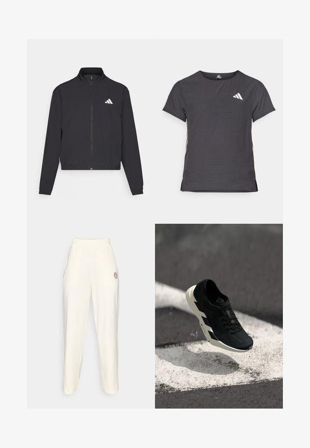 adidas Performance TRAIN ESSENTIALS 3 STRIPES WARM UP - Treningsjakke - black/white; Kortermet treningstrøye, mørkegrå med perforert tekstur. Har en hvit logo og kontrasterende side-striper. Rund halslinje.; Kremfargede joggebukser med elastisk midjebånd, innskårne ben og en liten sirkulær logo på venstre lår. Glatt tekstur.; Svart treningssko med hvit sikksakk-såle hengende over asfalt med hvite veimerkninger og spredd smuss.