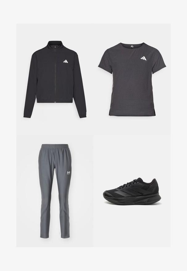 adidas Performance TRAIN ESSENTIALS 3 STRIPES WARM UP - Chaqueta de entrenamiento - black/white; Camiseta atlética de manga corta, gris oscuro con textura perforada. Presenta un logo blanco y rayas laterales en contraste. Escote redondeado.; Pantalones deportivos grises hechos de un material suave y ligero, con una cintura elástica y piernas ajustadas, que presentan un pequeño logo blanco.; Zapatilla de running negra con parte superior de malla transpirable, punta redondeada, diseño elegante, acentos texturizados y suela acolchada para mayor comodidad.