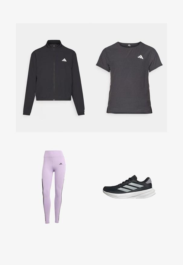 adidas Performance TRAIN ESSENTIALS 3 STRIPES WARM UP - Træningsjakke - black/white; Kortærmet atletisk t-shirt, mørkegrå med perforeret tekstur. Har et hvidt logo og kontrastfarvede sidelister. Rundet halsudskæring.; Lilla atletiske leggings med høj talje, strækstof, sorte sidelister og Adidas-logoet på fronten.; Sort løbesko med mesh-overdel, tre sølvstriber, hvid mellemsål og struktureret ydersål. Har polstret krave og snørelukning.