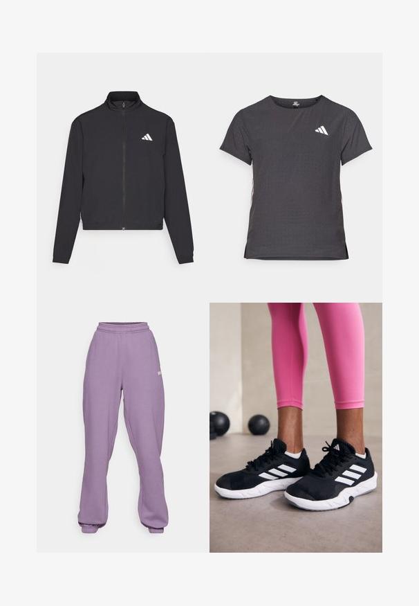 adidas Performance TRAIN ESSENTIALS 3 STRIPES WARM UP - Bluză de trening - black/white; Tricou athletic cu mânecă scurtă, gri închis, cu textură perforată. Prezentă un logo alb și dungi contrastante pe laterale. Guler rotunjit.; Björn Borg STUDIO OVERSIZED PANTS - Pantaloni de trening - purple sage; Adidași negri cu dungi albe, suprafață din plasă texturată și talpă albă. Purtați cu colanți roz, evidențiind îmbrăcămintea sport.