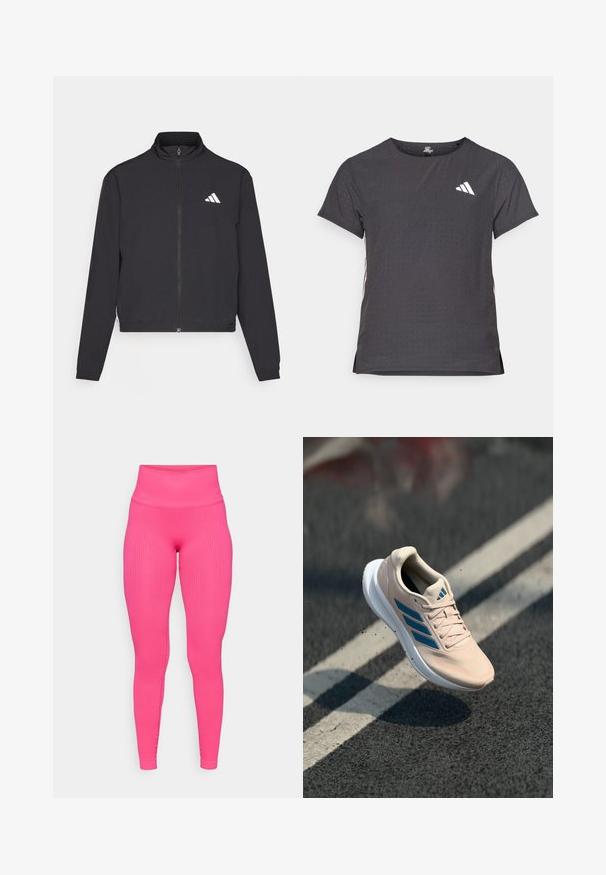 adidas Performance TRAIN ESSENTIALS 3 STRIPES WARM UP - Casaco de treino - black/white; T-shirt atlético de mangas curtas, cinza escuro com textura perfurada. Apresenta um logo branco e riscas laterais contrastantes. Decote arredondado.; Leggings rosa canelados com uma cintura alta, apresentando um ajuste justo e uma textura suave. O design enfatiza uma silhueta elegante.; Ténis desportivo cor de rosa claro com detalhes azuis, parte superior em malha, design com atacadores e sola branca. Apresenta detalhe de logótipo com três riscas laterais.