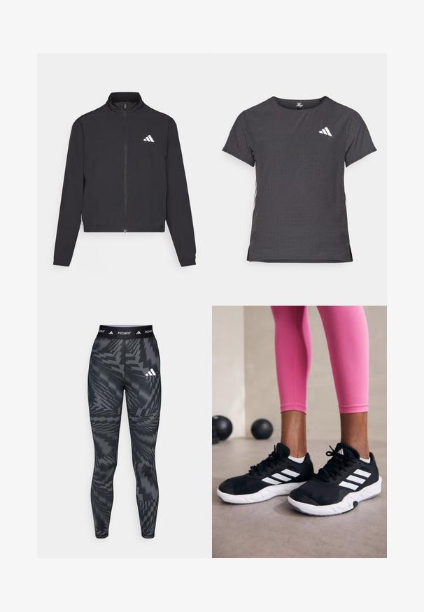 adidas Performance TRAIN ESSENTIALS 3 STRIPES WARM UP - Chaqueta de entrenamiento - black/white; Camiseta atlética de manga corta, gris oscuro con textura perforada. Presenta un logo blanco y rayas laterales en contraste. Escote redondeado.; Leggings de patrón negro y gris con un ajuste ceñido, hechos de material suave, con una cinturilla elástica etiquetada "TECHFIT" y el logo de las tres franjas.; Zapatillas deportivas negras con rayas blancas, parte superior de malla texturizada y suela blanca. Combinadas con leggings rosa, exhibiendo ropa de entrenamiento.