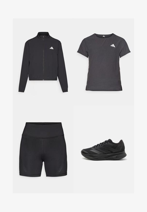 adidas Performance TRAIN ESSENTIALS 3 STRIPES WARM UP - Sportovní bunda - black/white; Kraťasový sportovní tričko, tmavě šedé barvy s perforovanou texturou. Obsahuje bílé logo a kontrastní boční pruhy. Kulatý výstřih.; Černé sportovní šortky z elastické, lehké tkaniny. Vysoký pas, hladké švy a jemné boční vzory pro zvýraznění detailů.; Černé běžecké boty s prodyšným síťovaným svrškem, kulatou špičkou, elegantním designem, texturovanými detaily a polstrovanou podrážkou pro pohodlí.