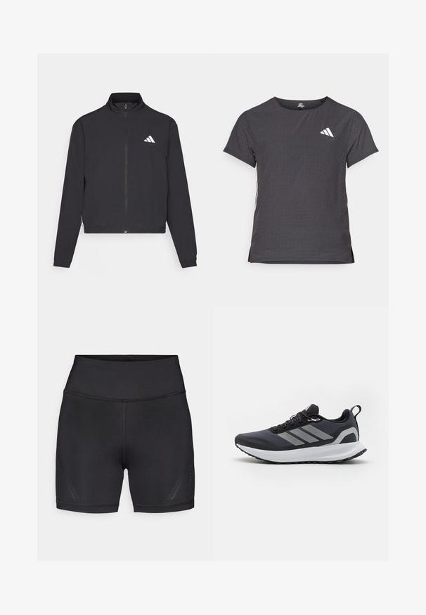 adidas Performance TRAIN ESSENTIALS 3 STRIPES WARM UP - Sportinė striukė - black/white; Trumpas rankovėmis sportinis marškinėlis, tamsiai pilkas, su perforuota tekstūra. Yra baltas logotipas ir kontrastingos šoninės juostos. Iškirptė suapvalinta.; Juodi sportiniai šortai, pagaminti iš tamprios, lengvos medžiagos. Aukšta liemens juosta, lygios siūlės, subtilūs šonų raštai suteikia papildomų detalių.; Juodos sportinės bateliai su tinklinio audinio viršumi, balta tarpine, tekstūruotu guminiu padu ir trimis pilkomis juostelėmis šone. Yra raišteliai ir kilpa.