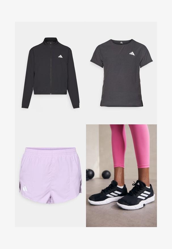 adidas Performance TRAIN ESSENTIALS 3 STRIPES WARM UP - Športna jakna/jopica - black/white; Kratka športna majica s kratkimi rokavi, temno siva z perforirano teksturo. Ima bel logotip in kontrastne stranske črte. Okrogel ovratnik.; Lila športne kratke hlače z elastičnim pasom, stranskimi razporki in belimi poudarki z blagovno znamko na levi strani. Gladek, lahek material.; Črne športne čevlje z belimi črtami, teksturirano mrežasto zgornjišče in belo podplat. Obuti z roza legginsom, ki prikazujejo športno obleko.