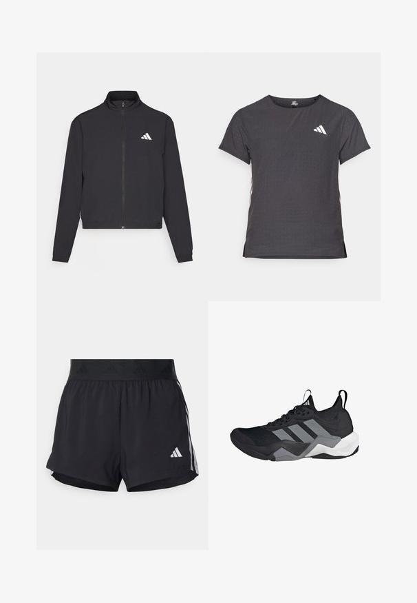 adidas Performance TRAIN ESSENTIALS 3 STRIPES WARM UP - Jakna za treniranje - black/white; Majica kratkih rukava za sport, tamno siva s perforiranim uzorkom. Ima bijeli logo i kontrastne bočne pruge. Zaobljeni izrez.; Crne atletske kratke hlače s elastičnim pojasom, s teksturiranim pojasom, bočnim prugama i bijelim Adidas logotipom na donjem rubu.; Crne sportske tenisice s prozračnom mrežastom gornjom stranom, sivim naglascima, teksturiranim đonom i tri prepoznatljive pruge sa strane.