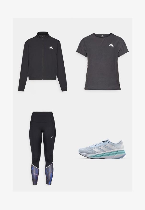 adidas Performance TRAIN ESSENTIALS 3 STRIPES WARM UP - Trainingsjacke - black/white; Kurze Ärmel Sport-T-Shirt, dunkelgrau mit durchbrochener Textur. Enthält ein weißes Logo und kontrastierende Seitenstreifen. Runder Ausschnitt.; Hochtaillierte schwarze Leggings mit einer figurschmeichelnden Passform, die ein bunt gemustertes Akzentmuster an den unteren Beinen und einen weißen Saum entlang der Nähte aufweisen.; Helle blaue Sportschuhe mit einem strukturierten Strickobermaterial, weißen Akzenten und einer transparenten grünen Zwischensohle. Abgerundete Zehenpartie und gepolsterter Schaft.