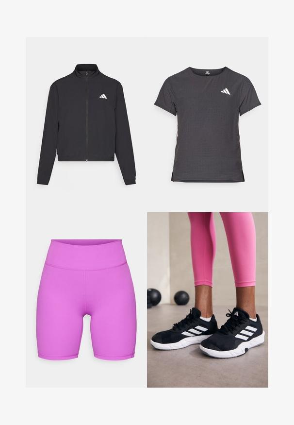 adidas Performance TRAIN ESSENTIALS 3 STRIPES WARM UP - Giacca sportiva - black/white; T-shirt atletico a maniche corte, grigio scuro con texture perforata. Presenta un logo bianco e strisce laterali a contrasto. Girocollo.; adidas Performance ALL ME ESSENTIALS SHORT LEGGINGS - Leggings - purple burst; Scarpe da ginnastica nere con strisce bianche, parte superiore in mesh testurizzato e suola bianca. Indossate con leggings rosa, a mostrare abbigliamento per l'allenamento.