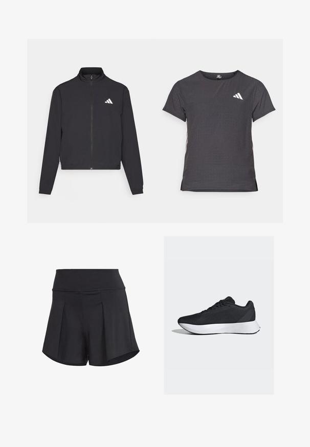 adidas Performance TRAIN ESSENTIALS 3 STRIPES WARM UP - Veste de survêtement - black/white; T-shirt de sport à manches courtes, gris foncé avec une texture perforée. Présente un logo blanc et des rayures latérales contrastantes. Encolure arrondie.; Shorts de sport noirs avec une large taille, dotés de plis, d'une texture lisse et d'une coupe décontractée. Convient pour le sport ou une tenue décontractée.; Chaussures de sport noires avec une tige en mesh respirant, une semelle intermédiaire blanche et un design élégant et incurvé ; dotées de lacets et d'une semelle en caoutchouc robuste.