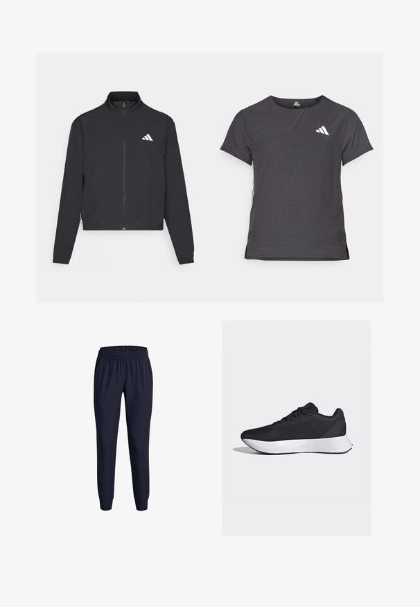 adidas Performance TRAIN ESSENTIALS 3 STRIPES WARM UP - Trainingsjacke - black/white; Kurze Ärmel Sport-T-Shirt, dunkelgrau mit durchbrochener Textur. Enthält ein weißes Logo und kontrastierende Seitenstreifen. Runder Ausschnitt.; Marineblaue Sporthosen mit elastischem Bund, schmal zulaufendem Bein und Seitentaschen, gefertigt aus einem leichten, glatten Stoff.; Schwarze Sportschuhe mit einem atmungsaktiven Mesh-Obermaterial, weißer Zwischensohle und elegantem, geschwungenem Design; ausgestattet mit Schnürsenkeln und einer robusten Gummisohle.