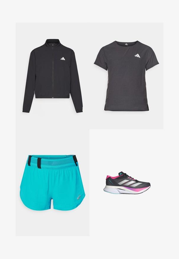 adidas Performance TRAIN ESSENTIALS 3 STRIPES WARM UP - Training jacket - black/white; Short-sleeve athletic t-shirt, dark gray with perforated texture. Features a white logo and contrasting side stripes. Rounded neckline.; ASICS METARUN SPLIT SHORT - Sports shorts - wave teal; Running shoe with a gray mesh upper, pink accents, and white stripes. Features a cushioned sole and a sleek, aerodynamic design.