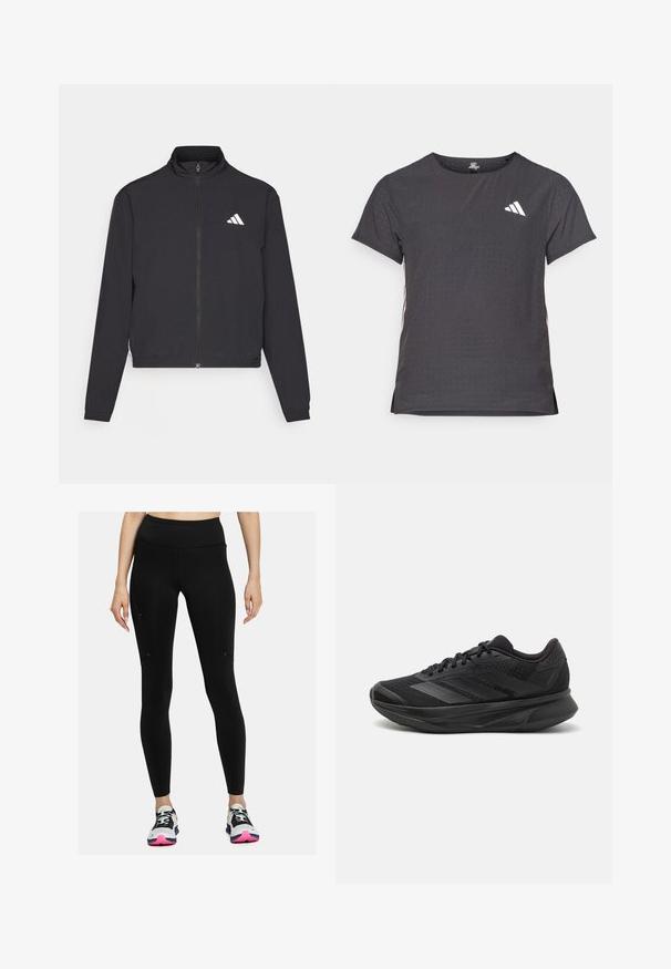 adidas Performance TRAIN ESSENTIALS 3 STRIPES WARM UP - Veste de survêtement - black/white; T-shirt de sport à manches courtes, gris foncé avec une texture perforée. Présente un logo blanc et des rayures latérales contrastantes. Encolure arrondie.; Leggings noirs avec une taille haute, texture lisse et design minimaliste. Équipés de poches latérales et de coutures détaillées.; Chaussure de course noire avec une tige en maille respirante, un bout arrondi, un design épuré, des accents texturés et une semelle rembourrée pour le confort.