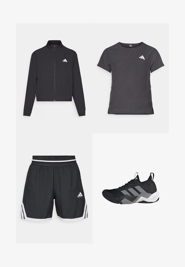 adidas Performance TRAIN ESSENTIALS 3 STRIPES WARM UP - Sportinė striukė - black/white; Trumpas rankovėmis sportinis marškinėlis, tamsiai pilkas, su perforuota tekstūra. Yra baltas logotipas ir kontrastingos šoninės juostos. Iškirptė suapvalinta.; Juodi sportiniai šortai, pagaminti iš lengvos medžiagos, su elastine juostos juosmeniu su baltu akcentu, šoninėmis juostelėmis ir Adidas logotipu.; Juodų sportinių batų dizainas su kvėpuojančiu tinkliniu viršumi, pilkais akcentais, tekstūruotu padu ir trimis išskirtinėmis juostelėmis šone.