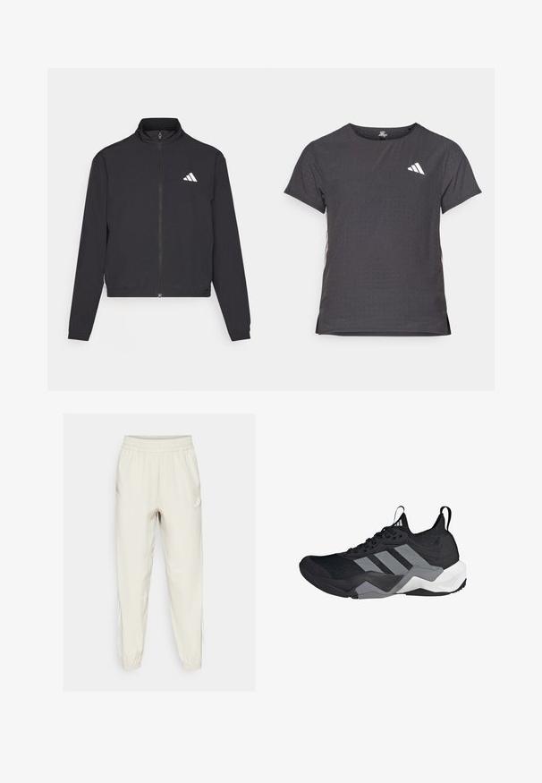 adidas Performance TRAIN ESSENTIALS 3 STRIPES WARM UP - Trainingsjacke - black/white; Kurze Ärmel Sport-T-Shirt, dunkelgrau mit durchbrochener Textur. Enthält ein weißes Logo und kontrastierende Seitenstreifen. Runder Ausschnitt.; Helle beige Sporthose mit elastischem Bund und gerippten Knöcheln. Mit weißen Seitenstreifen und einem kleinen Logo auf der Vorderseite.; Schwarzer Sportschuh mit einem atmungsaktiven Mesh-Obermaterial, grauen Akzenten, strukturiertem Sohlenprofil und drei markanten Streifen an der Seite.