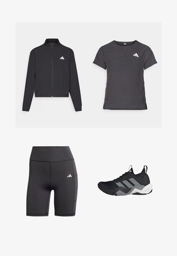 adidas Performance TRAIN ESSENTIALS 3 STRIPES WARM UP - Verryttelytakki - black/white; Lyhythihainen urheilupaita, tummanharmaa, jossa on reikäkudot. Ominaisuuksina valkoinen logo ja kontrastiväriset sivusuunnat. Pyöreä pääntie.; Mustat urheiluhousut, jotka on valmistettu joustavasta materiaalista. Niissä on korkea vyötärö, litteät saumat ja valkoinen logo vasemmassa lantiossa.; Musta urheilukenkä, jossa on hengittävä verkko-yläosa, harmaat yksityiskohdat, teksturoitu pohja ja kolme erottuvaa raitaa sivussa.