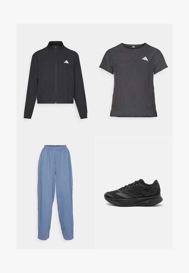 adidas Performance TRAIN ESSENTIALS 3 STRIPES WARM UP - Training jacket - black/white; Short-sleeve athletic t-shirt, dark gray with perforated texture. Features a white logo and contrasting side stripes. Rounded neckline.; ONLY Play ONPBOB WIDE BRUSH - Tracksuit bottoms - vintage indigo; Black running shoe with a breathable mesh upper, rounded toe, sleek design, textured accents, and a cushioned sole for comfort.