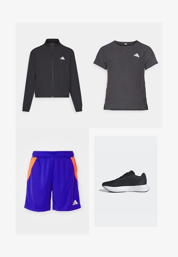 adidas Performance TRAIN ESSENTIALS 3 STRIPES WARM UP - Chaqueta de entrenamiento - black/white; Camiseta atlética de manga corta, gris oscuro con textura perforada. Presenta un logo blanco y rayas laterales en contraste. Escote redondeado.; Pantalones cortos deportivos morados con paneles laterales de color naranja brillante, cinturilla elástica y logo blanco. El material parece ligero y suave.; Zapatillas deportivas negras con parte superior de malla transpirable, entresuela blanca y un diseño elegante y curvado; cuentan con cordones y una suela exterior de goma resistente.
