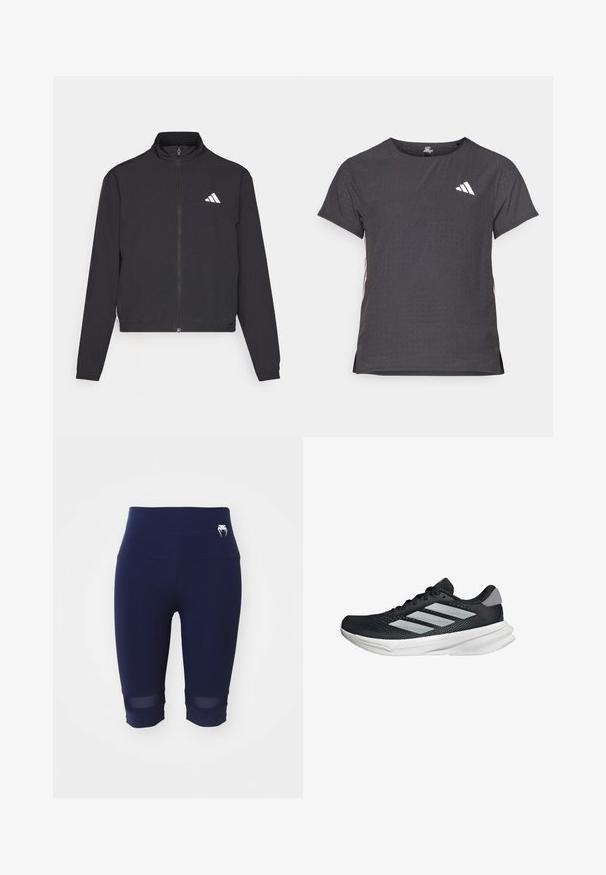 adidas Performance TRAIN ESSENTIALS 3 STRIPES WARM UP - Chaqueta de entrenamiento - black/white; Camiseta atlética de manga corta, gris oscuro con textura perforada. Presenta un logo blanco y rayas laterales en contraste. Escote redondeado.; Leggings azul marino con una cintura alta, que presentan una textura suave y detalles de malla en los puños. Pequeño logotipo blanco en la cintura.; Zapatilla de correr negra con parte superior de malla, tres franjas plateadas, media suela blanca y suela texturizada. Incluye un cuello acolchado y cierre de cordones.