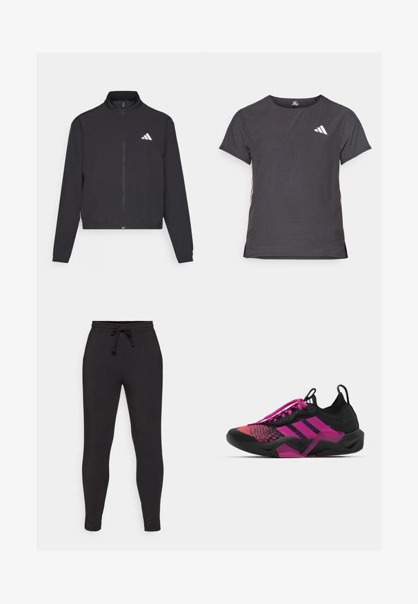 adidas Performance TRAIN ESSENTIALS 3 STRIPES WARM UP - Training jacket - black/white; Short-sleeve athletic t-shirt, dark gray with perforated texture. Features a white logo and contrasting side stripes. Rounded neckline.; Black jogger pants made of soft fabric, featuring an elastic waistband with a drawstring, tapered legs, and side seam detailing.; Black and pink athletic shoe with a textured upper, patterned design, prominent laces, and a chunky sole featuring pink accents.