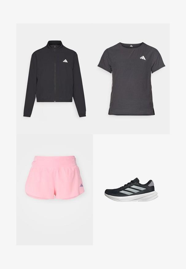 adidas Performance TRAIN ESSENTIALS 3 STRIPES WARM UP - Training jacket - black/white; Short-sleeve athletic t-shirt, dark gray with perforated texture. Features a white logo and contrasting side stripes. Rounded neckline.; adidas Performance ADIZERO GEL - Sports shorts - semi pink spark; Black running shoe with mesh upper, three silver stripes, white midsole, and textured outsole. Features padded collar and lace closure.