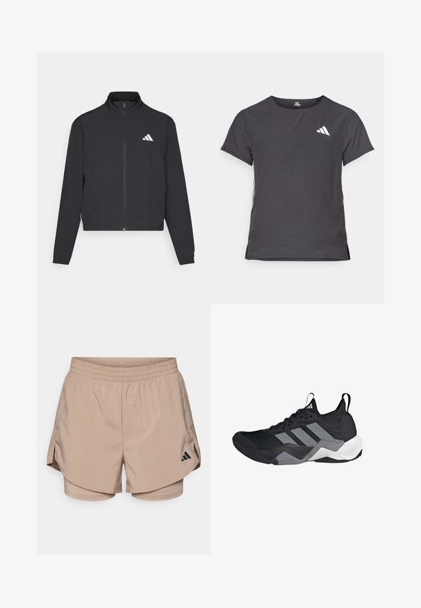 adidas Performance TRAIN ESSENTIALS 3 STRIPES WARM UP - Tréning dzseki - black/white; Rövid ujjú sport póló, sötétszürke perforált textúrával. Fehér logóval és kontrasztos oldalsávokkal rendelkezik. Kerek nyakkal.; Beige sportnadrág, derékpánttal, oldalsó hasítékokkal és belső nadrággal. Fekete Adidas logó a bal alsó oldalon. Sima textilem.; Fekete sportcipő, lélegző hálós felsőrésszel, szürke kiegészítőkkel, texturált talppal és három jellegzetes csíkkal az oldalon.