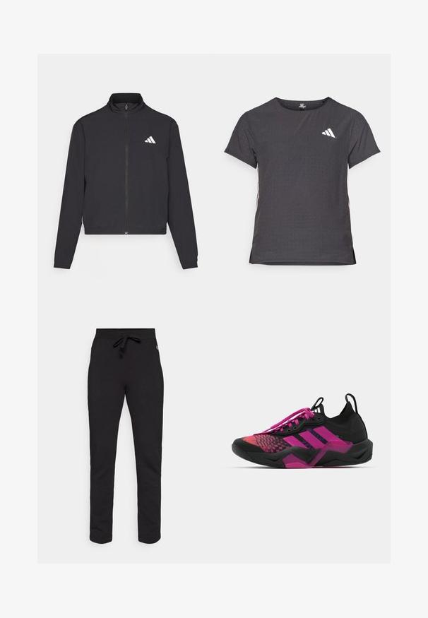 adidas Performance TRAIN ESSENTIALS 3 STRIPES WARM UP - Chaqueta de entrenamiento - black/white; Camiseta atlética de manga corta, gris oscuro con textura perforada. Presenta un logo blanco y rayas laterales en contraste. Escote redondeado.; Pantalones deportivos negros de algodón suave. Cuentan con una cinturilla elástica con cordón y un puño ajustado en el tobillo. Diseño simple sin patrones.; Zapatilla deportiva negra y rosa con una parte superior texturizada, diseño estampado, cordones prominentes y una suela gruesa que presenta acentos rosas.