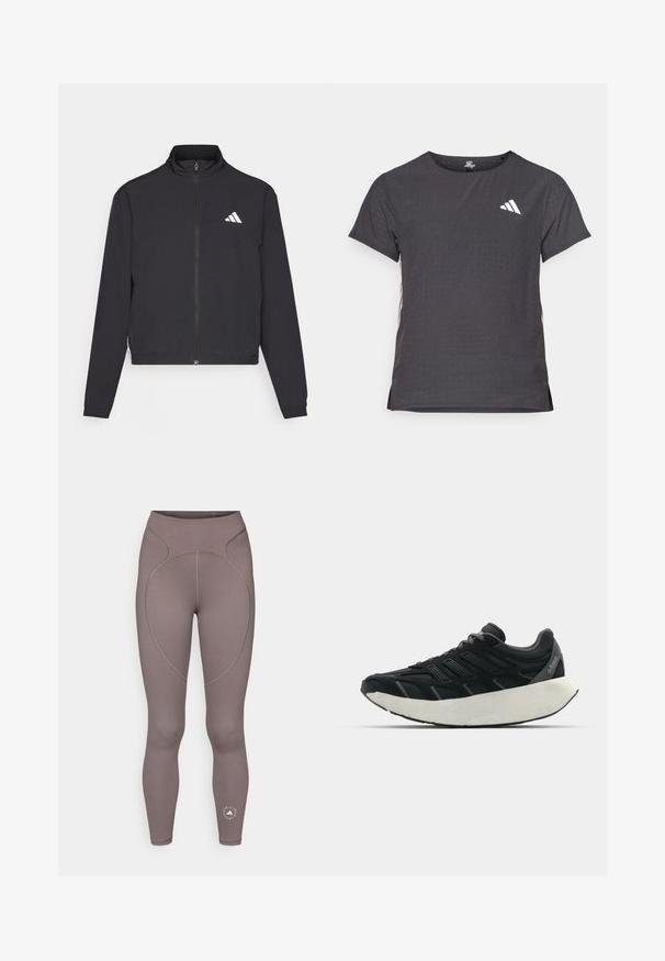 adidas Performance TRAIN ESSENTIALS 3 STRIPES WARM UP - Sportinė striukė - black/white; Trumpas rankovėmis sportinis marškinėlis, tamsiai pilkas, su perforuota tekstūra. Yra baltas logotipas ir kontrastingos šoninės juostos. Iškirptė suapvalinta.; adidas by Stella McCartney Tamprės - charcoal; Juodas sportinis batelis su tekstūruota viršutine dalimi, keliomis pilkomis akcentų detalėmis ir storu baltu viduriu. Lengvas dizainas su kvėpuojančia medžiaga.