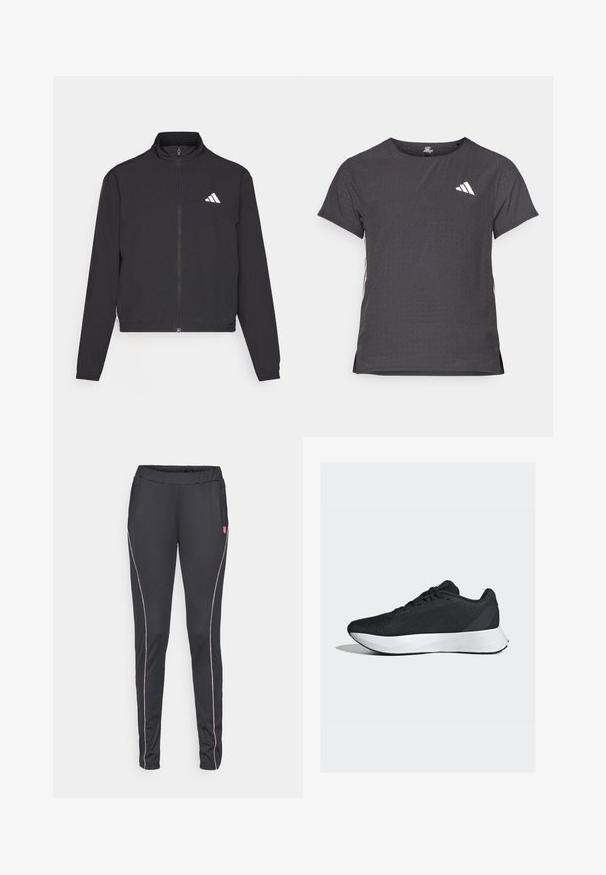 adidas Performance ESSENTIALS 3 STRIPES czarny; Koszulka sportowa z krótkim rękawem, ciemnoszara z perforowaną teksturą. Posiada białe logo oraz kontrastowe paski po bokach. Okrągły dekolt.; Czarne spodnie sportowe z elastycznym pasem, z białymi i czerwonymi lamówkami po bokach oraz dwiema kieszeniami po bokach. Gładki, elastyczny materiał.; Czarne buty sportowe z przewiewną siateczką na cholewce, białą podeszwą środkową oraz smukłym, zakrzywionym kształtem; posiadają sznurowadła i wytrzymałą gumową podeszwę.