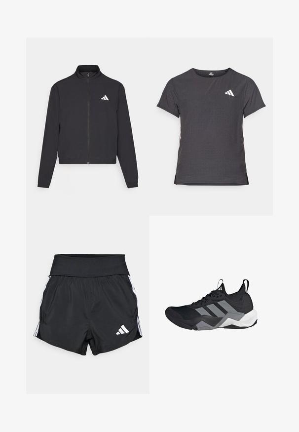 adidas Performance TRAIN ESSENTIALS 3 STRIPES WARM UP - Bluză de trening - black/white; Tricou athletic cu mânecă scurtă, gri închis, cu textură perforată. Prezentă un logo alb și dungi contrastante pe laterale. Guler rotunjit.; Șorturi atletice negre fabricate dintr-un material ușor, având o talie lată, dungi albe pe laterale și un mic logo alb pe marginea de jos.; Pantoful sportiv negru cu un superior din plasă respirabilă, accente gri, talpă texturată și trei dungi distinctive pe lateral.