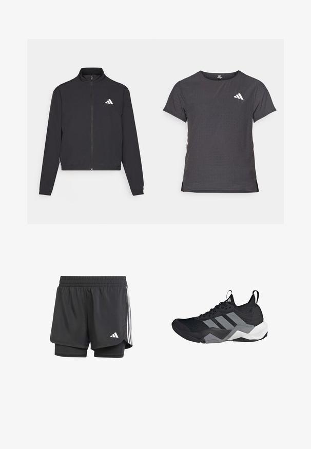 adidas Performance TRAIN ESSENTIALS 3 STRIPES WARM UP - Sportovní bunda - black/white; Kraťasový sportovní tričko, tmavě šedé barvy s perforovanou texturou. Obsahuje bílé logo a kontrastní boční pruhy. Kulatý výstřih.; Černé sportovní šortky s vnitřní vrstvou, elastickým pasem a bílými třemi pruhy po stranách, s malým bílým logem. Hladká textura.; Černá sportovní bota s prodyšným síťovaným svrškem, šedými akcenty, texturovanou podrážkou a třemi charakteristickými pruhy na boku.