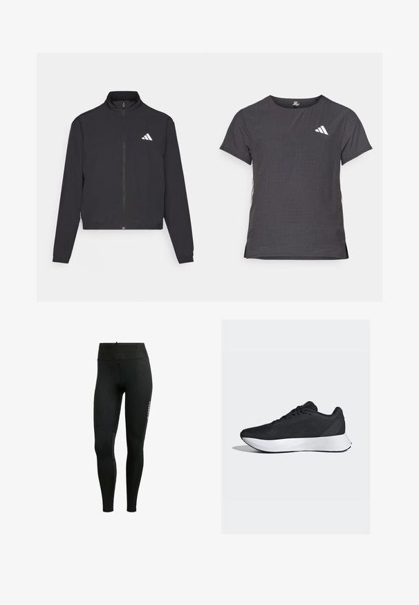 adidas Performance ESSENTIALS 3 STRIPES czarny; Koszulka sportowa z krótkim rękawem, ciemnoszara z perforowaną teksturą. Posiada białe logo oraz kontrastowe paski po bokach. Okrągły dekolt.; Czarne legginsy sportowe z elastycznego materiału, z szerokim pasem w talii, siateczkowymi wstawkami oraz dyskretną kieszonką po boku.; Czarne buty sportowe z przewiewną siateczką na cholewce, białą podeszwą środkową oraz smukłym, zakrzywionym kształtem; posiadają sznurowadła i wytrzymałą gumową podeszwę.