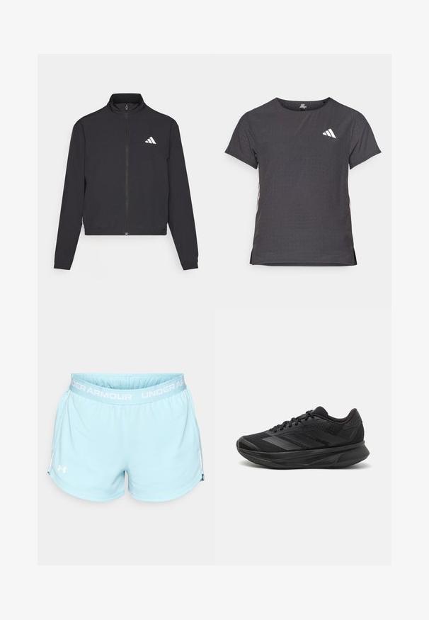 adidas Performance TRAIN ESSENTIALS 3 STRIPES WARM UP - Trainingsjacke - black/white; Kurze Ärmel Sport-T-Shirt, dunkelgrau mit durchbrochener Textur. Enthält ein weißes Logo und kontrastierende Seitenstreifen. Runder Ausschnitt.; Himmelblaue Sportshorts mit elastischem Bund, auf dem das weiße "UNDER ARMOUR"-Logo und subtile seitliche Schlitze am Saum zu sehen sind.; Schwarzer Laufschuh mit einem atmungsaktiven Mesh-Obermaterial, runder Zehenpartie, schlankem Design, strukturierten Akzenten und einer gepolsterten Sohle für Komfort.